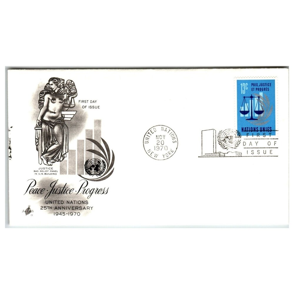 United Nations FDC 1970 25th Anniversary Peace Justice Progress Scott #214